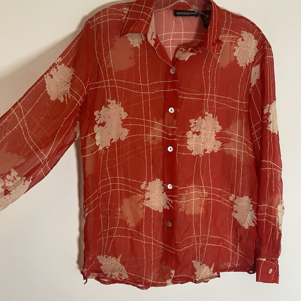 Impressions Top Womens Small Red Multi Abstract Sheer Classy Button Up Dressy S - Picture 4 of 16